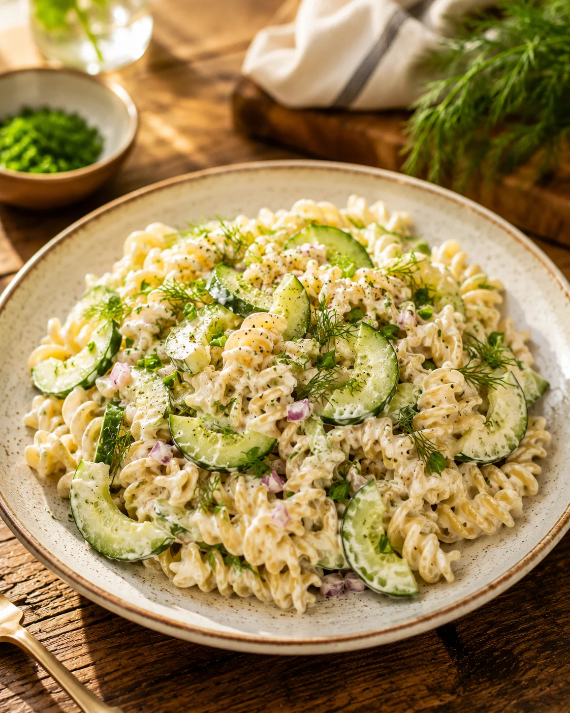 Salade pâtes crémeuse concombre servie dans un grand bol blanc avec herbes fraîches