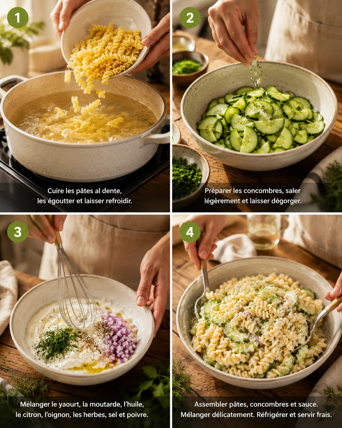 Salade pâtes crémeuse concombre étapes de préparation en cuisine