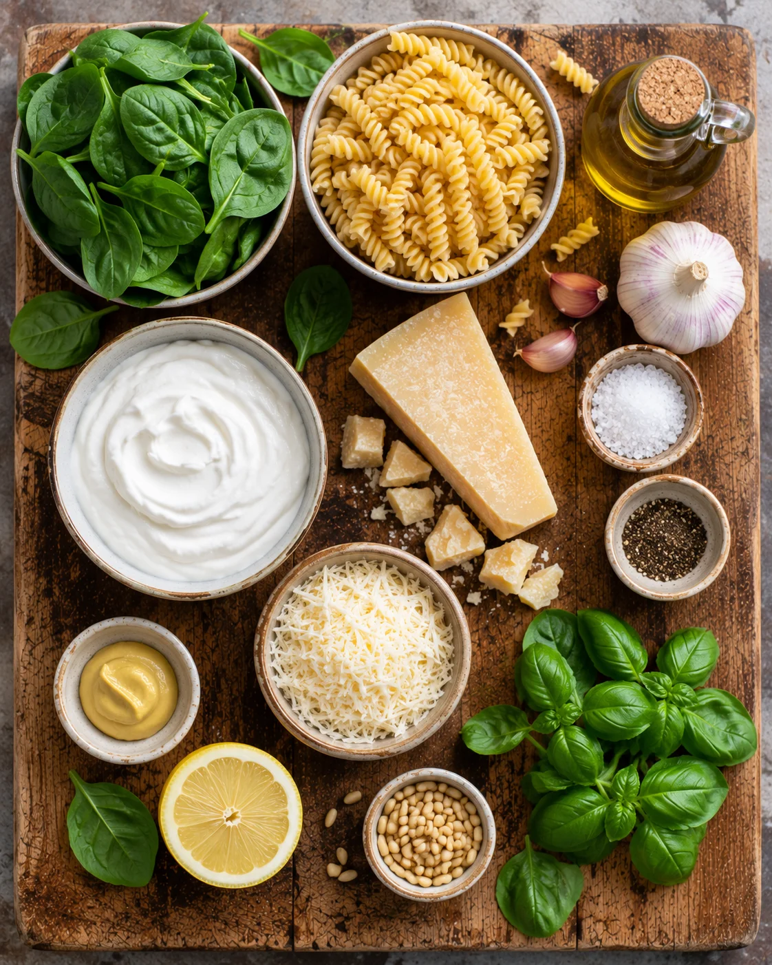 Salade Pâtes Crémeuses Épinards & Parmesan ingrédients
