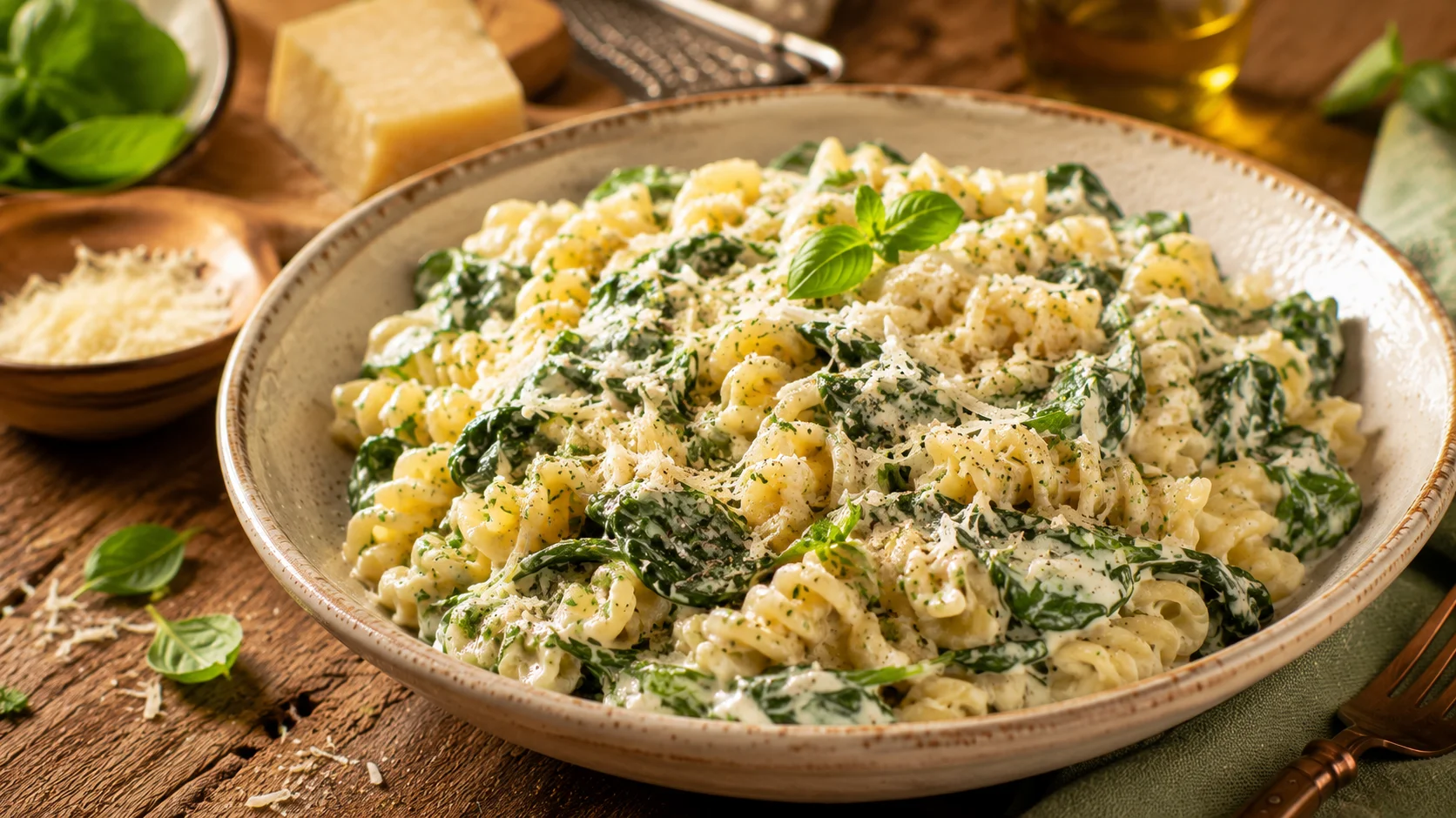 Salade Pâtes Crémeuses Épinards & Parmesan recipe