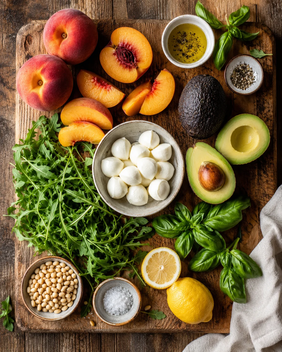 Ingrédients de la salade pêches avocat mozzarella disposés sur un plan de travail en bois