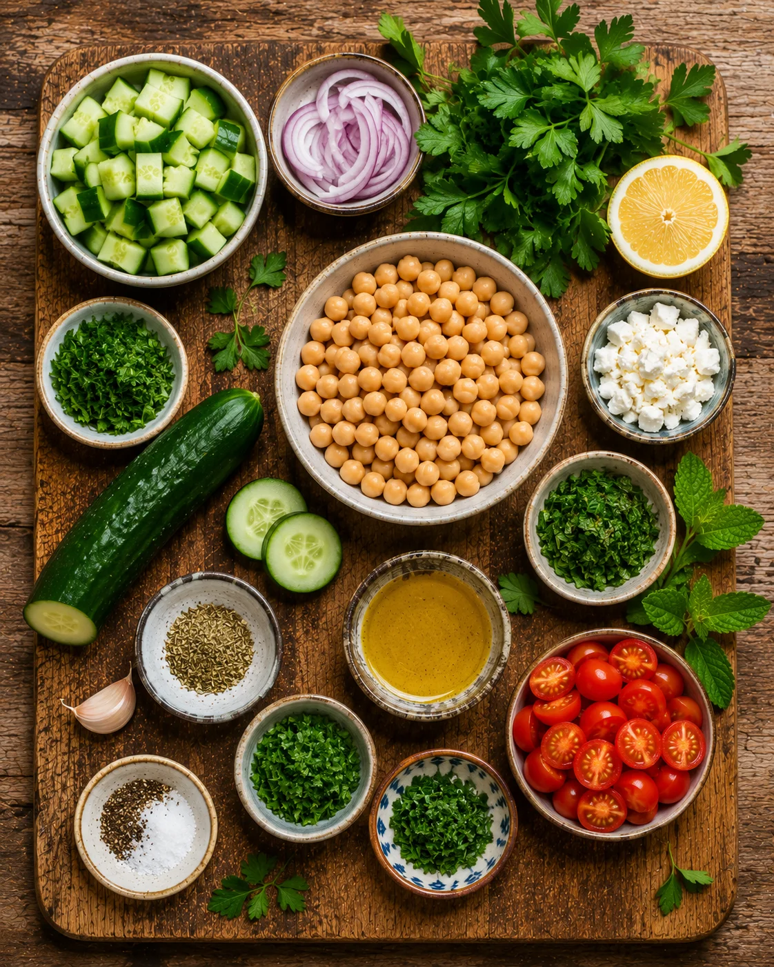 Ingrédients pour la salade pois chiches concombre disposés sur un plan de travail