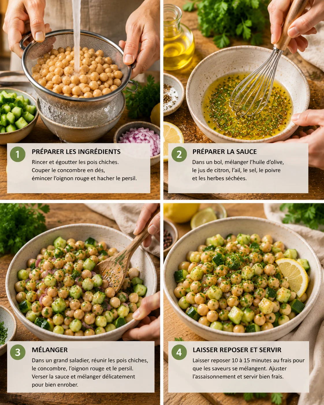 Salade pois chiches concombre préparation étape par étape