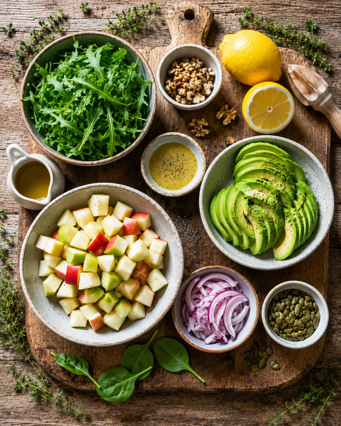 Ingrédients de la Salade Pommes Avocat Citron disposés sur une table en bois