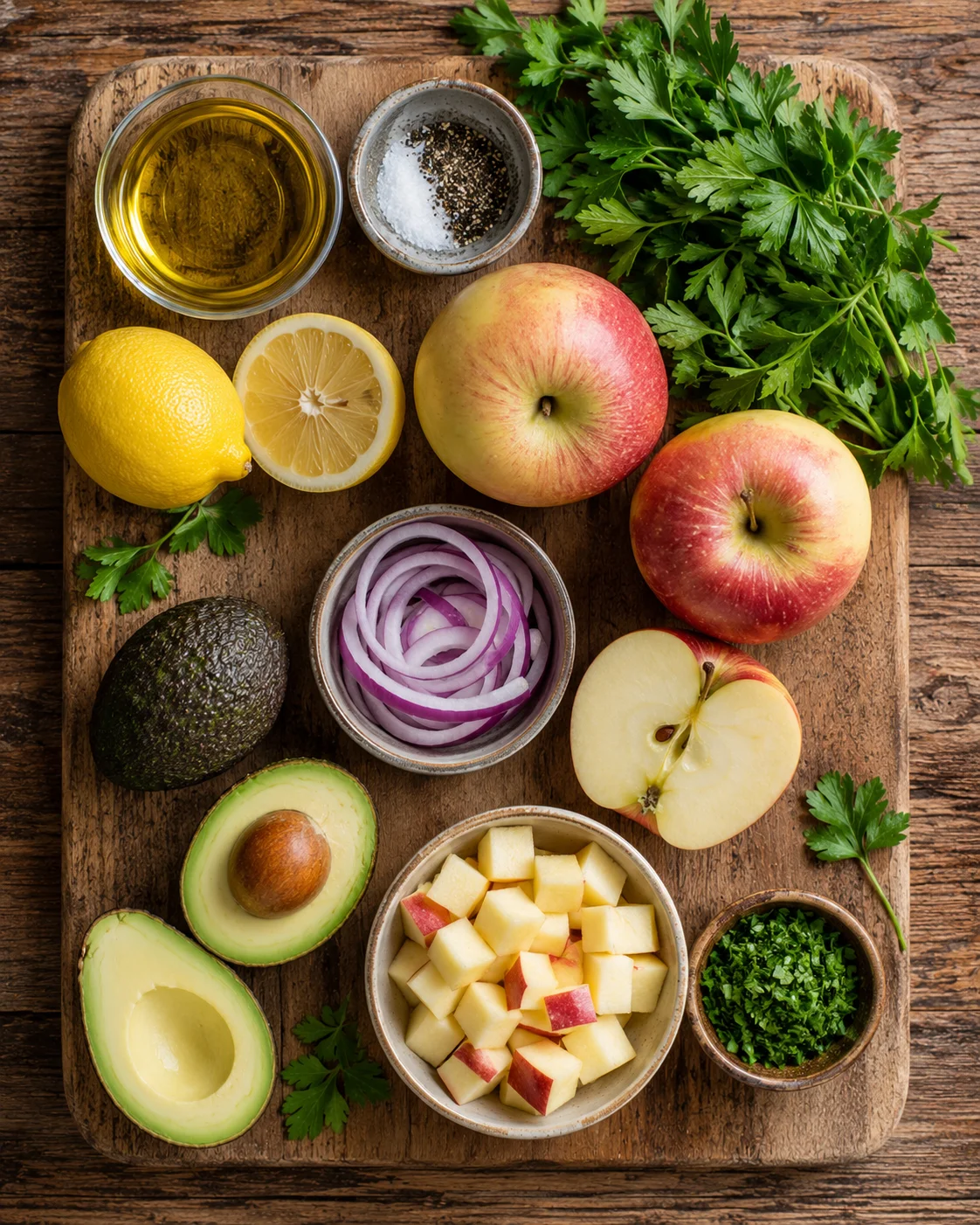 Ingrédients de la salade pommes avocat citron disposés sur un plan de travail en bois