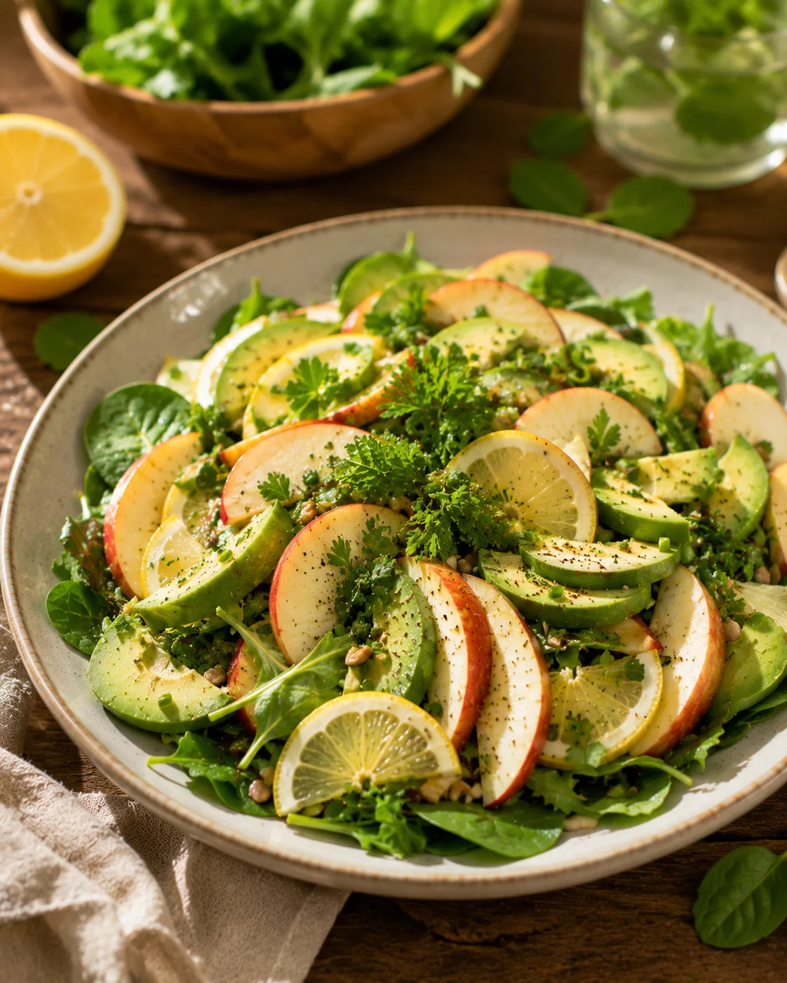 Salade Pommes Avocat Citron servie en assiette avec saumon fumé et feta