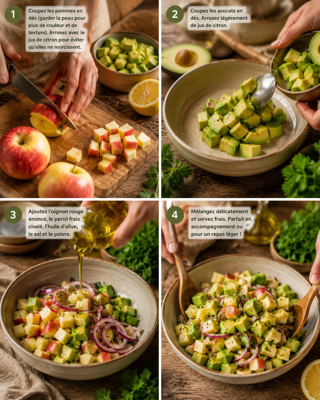 Étapes de préparation de la salade pommes avocat citron sur un plan de travail rustique