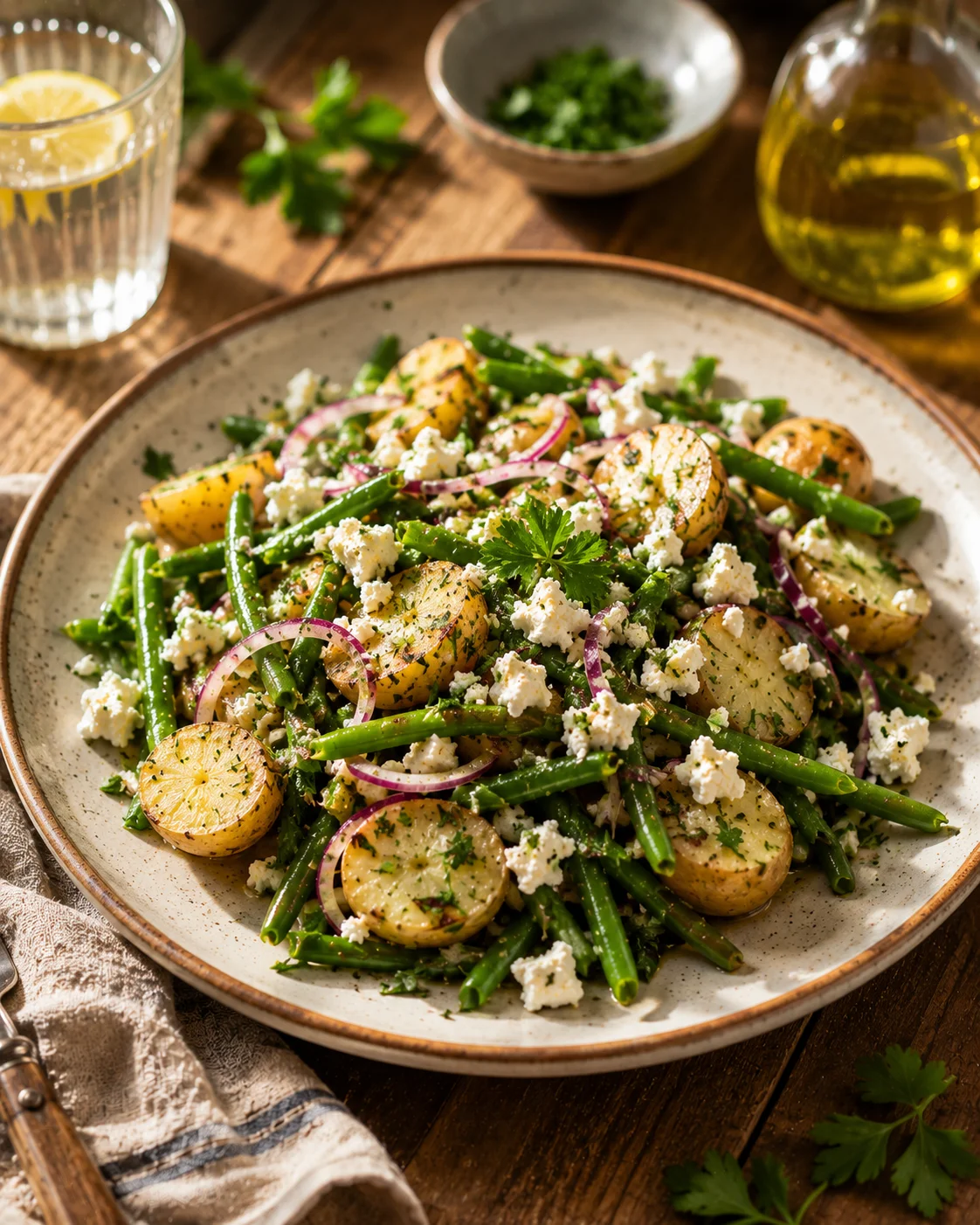Salade Pommes de Terre Haricots Verts & Feta servie