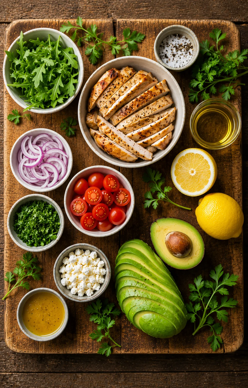 Ingrédients pour préparer une salade poulet avocat citron posés sur une table en bois clair