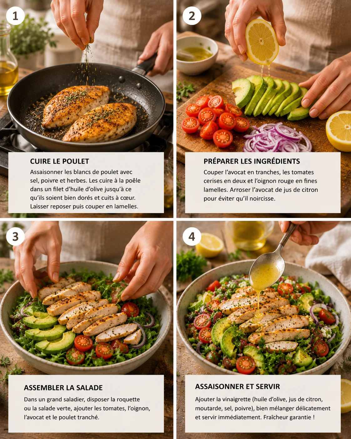 Préparation étape par étape de la salade poulet avocat citron avec poulet grillé tranché sur une planche en bois