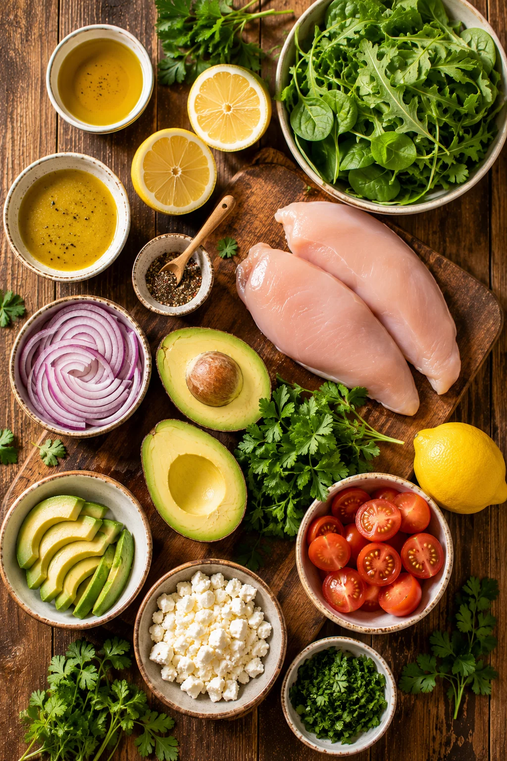 Ingrédients de la salade poulet citron avocat disposés sur une planche en bois