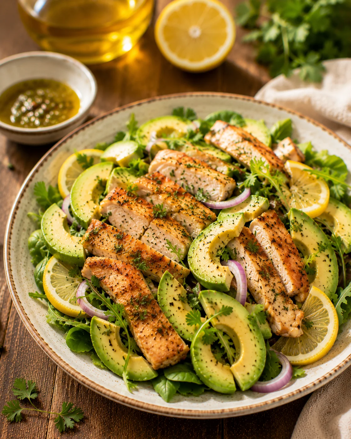 Salade poulet citron avocat servie dans un grand bol blanc, avec vinaigrette et herbes fraîches