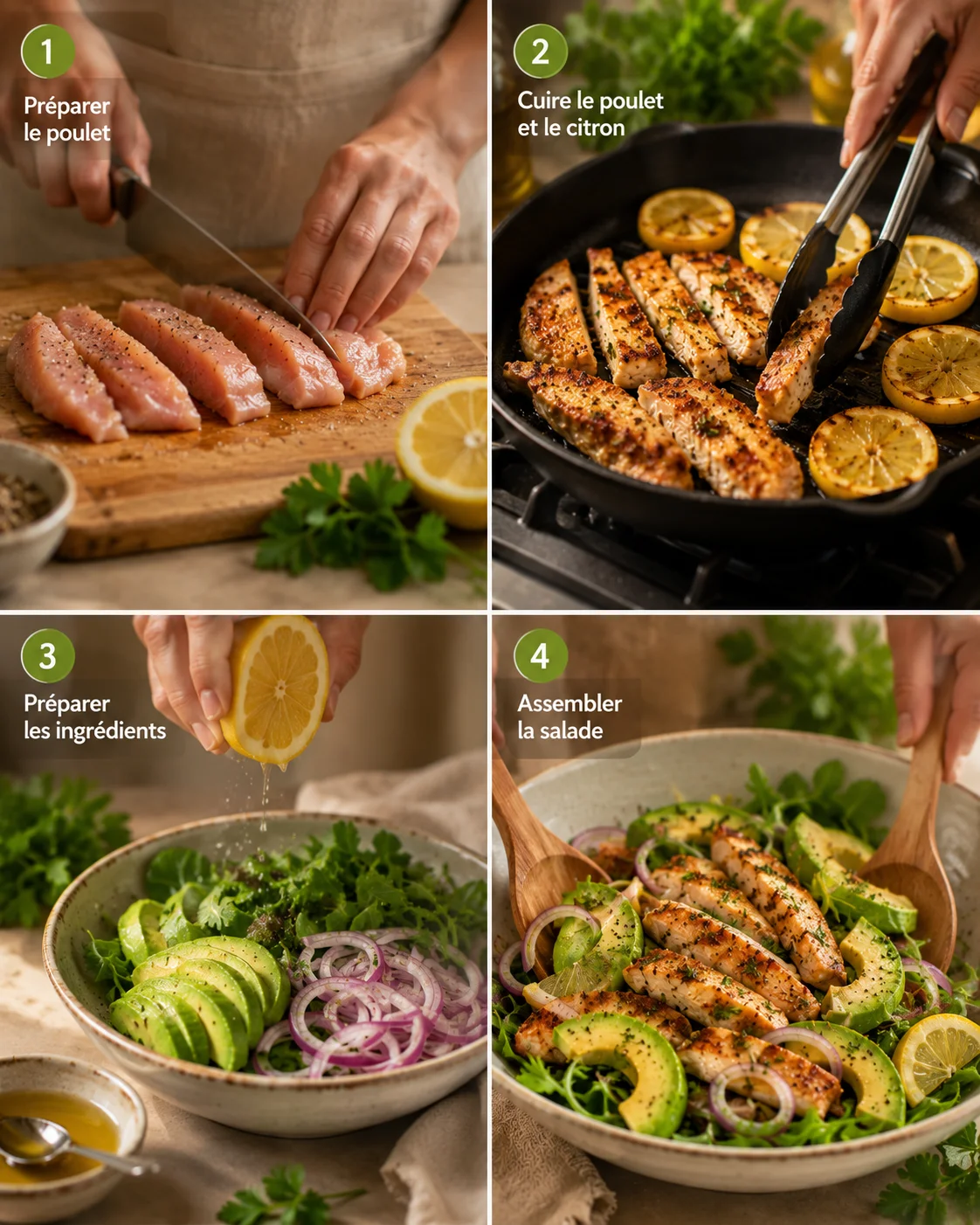 Étapes de préparation de la salade poulet citron avocat, montage pas à pas
