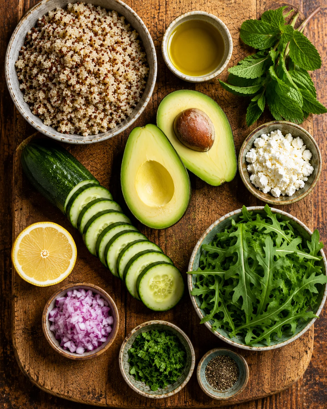 Ingrédients de la salade quinoa avocat concombre disposés sur une planche en bois