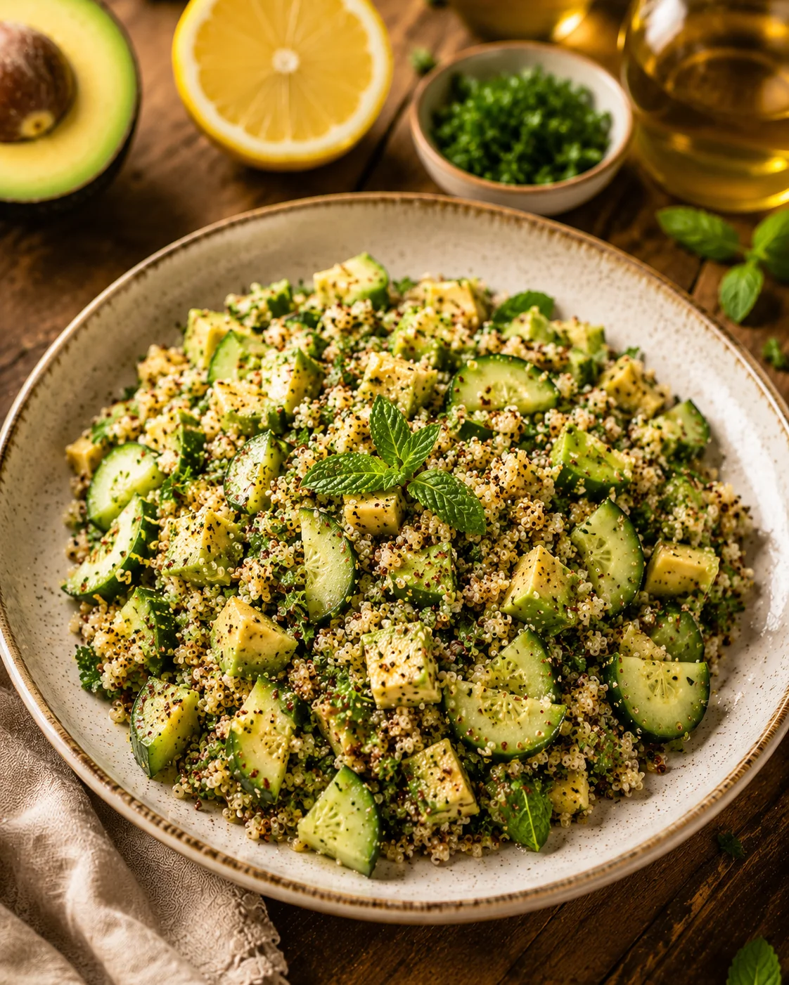Salade quinoa avocat concombre servie dans un bol en céramique avec des herbes fraîches