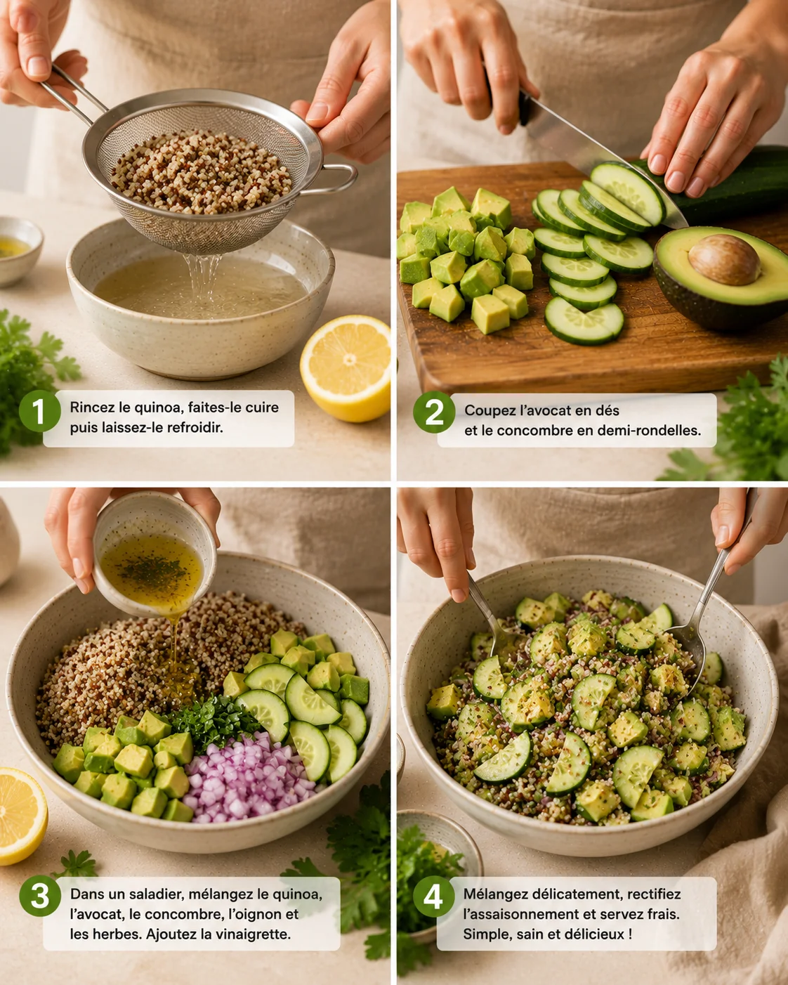 Salade quinoa avocat concombre préparée étape par étape sur un plan de travail