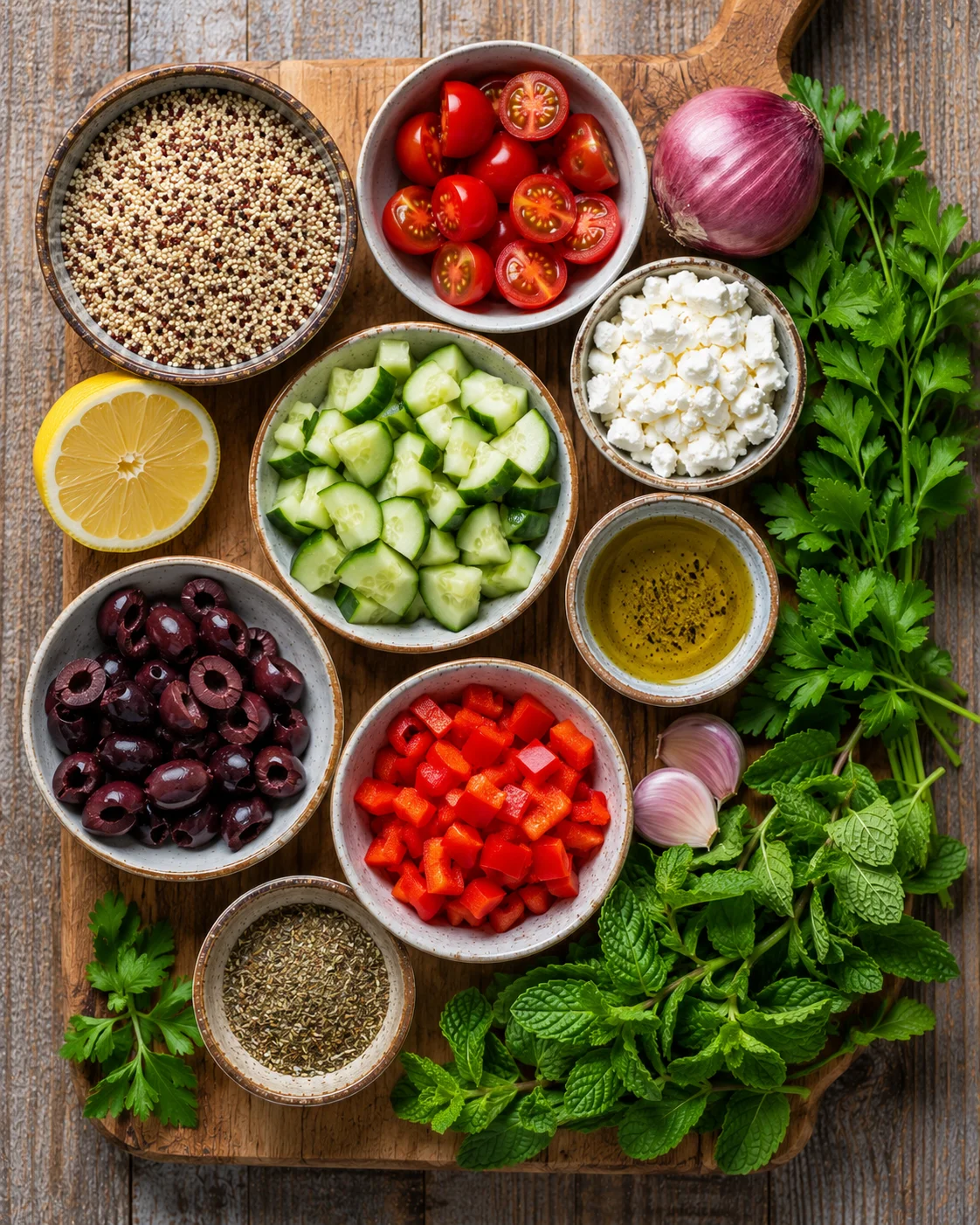 Ingrédients pour préparer une salade quinoa méditerranéenne