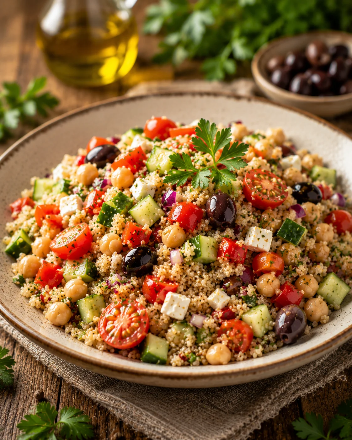 Salade Quinoa Méditerranéenne servie dans un bol avec feta et herbes fraîches