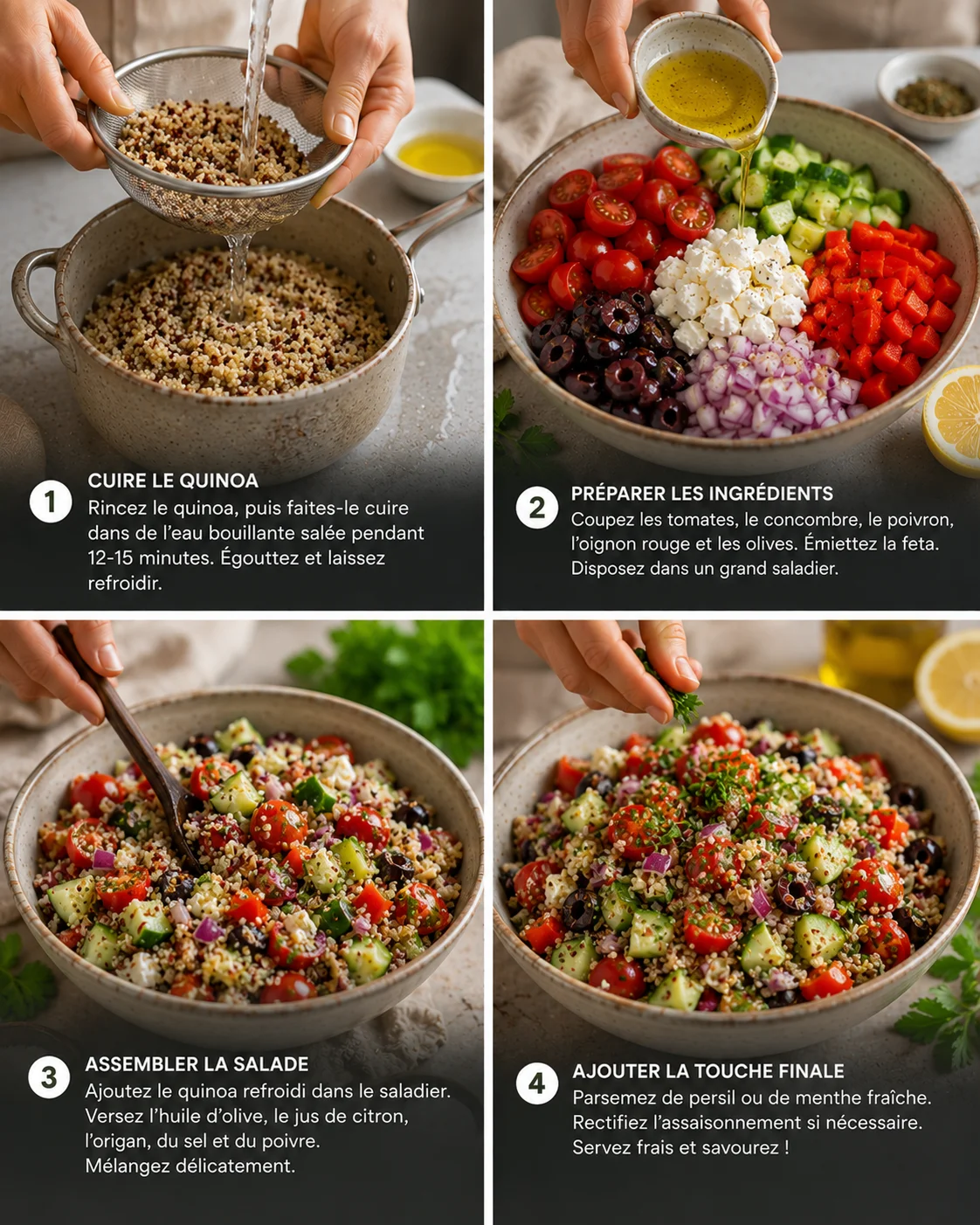 Préparation étape par étape de la salade quinoa méditerranéenne