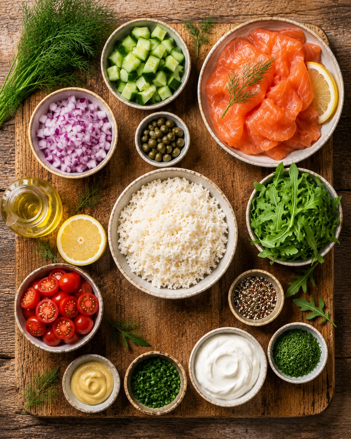 Ingrédients pour la salade de riz au saumon fumé disposés sur une planche en bois