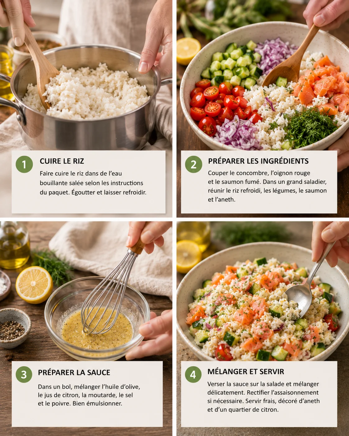 Étapes de préparation de la salade de riz au saumon fumé