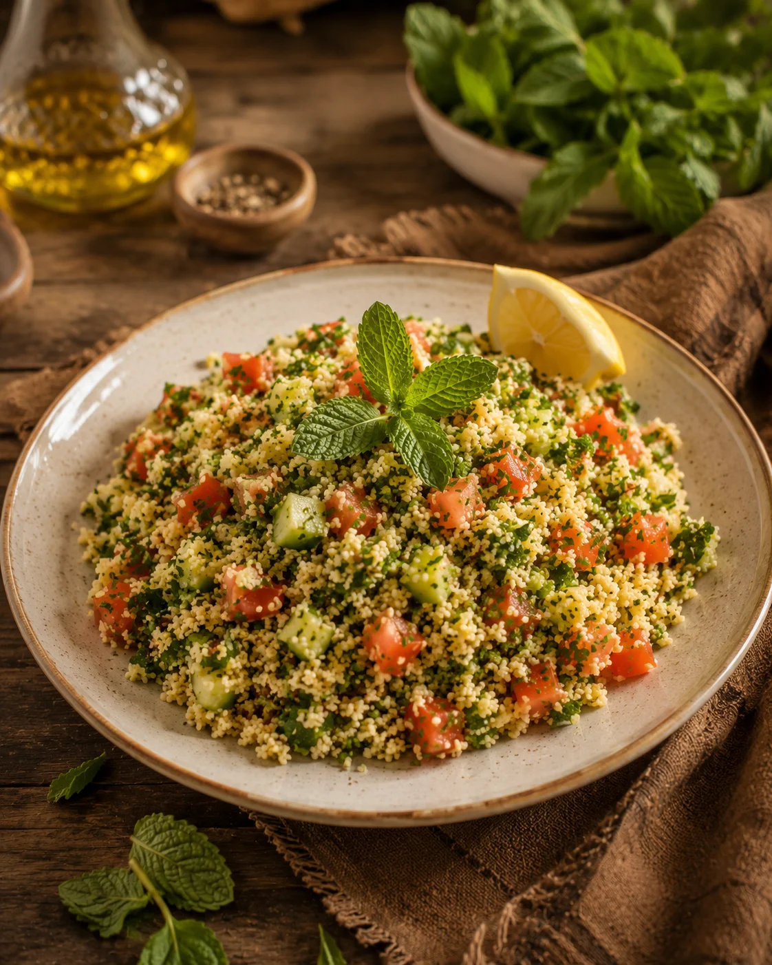 Salade Taboulé Express servie dans un beau saladier avec herbes fraîches