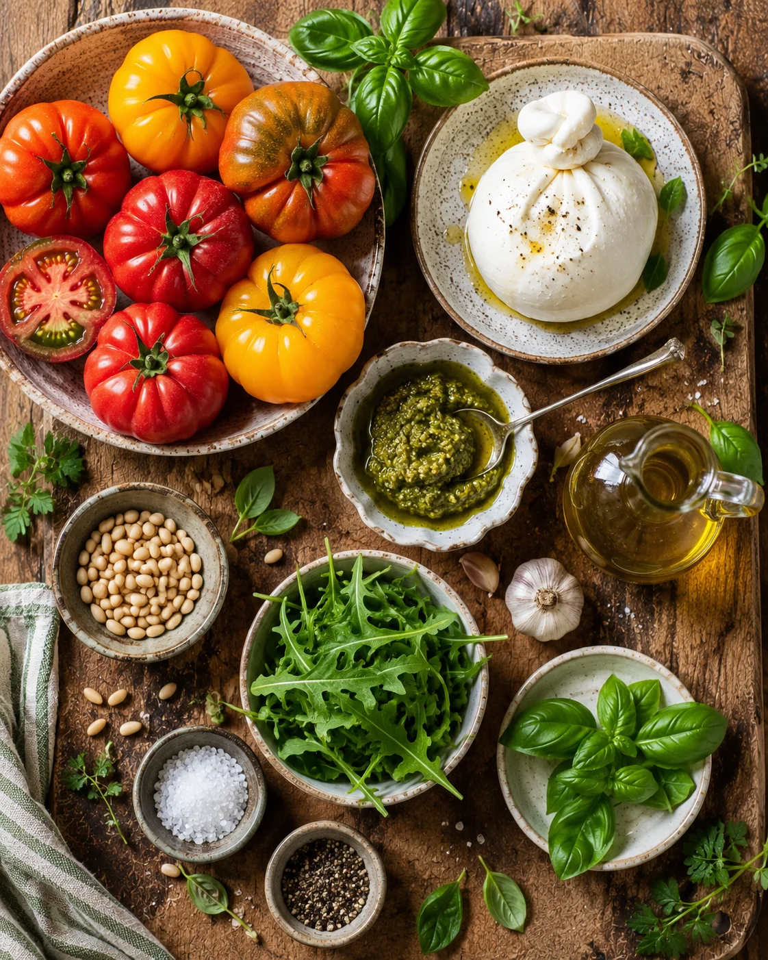 Salade tomates anciennes burrata pesto ingrédients frais sur une table en bois