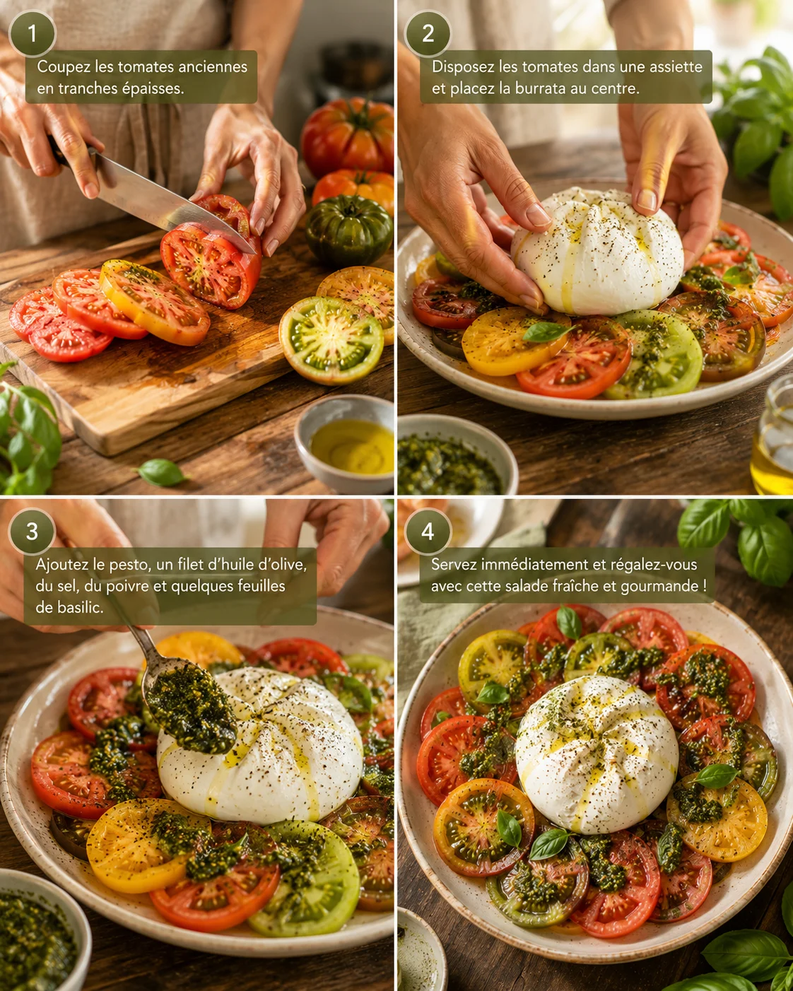 Salade tomates anciennes burrata pesto assemblage étape par étape
