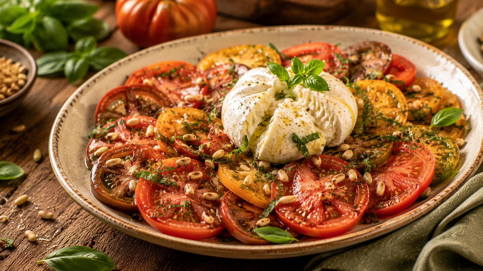 Salade Tomates Anciennes Burrata & Pignons Grillés recipe