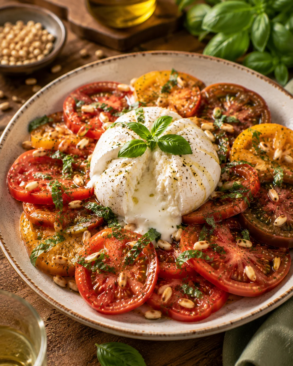 Salade Tomates Anciennes Burrata & Pignons Grillés servie