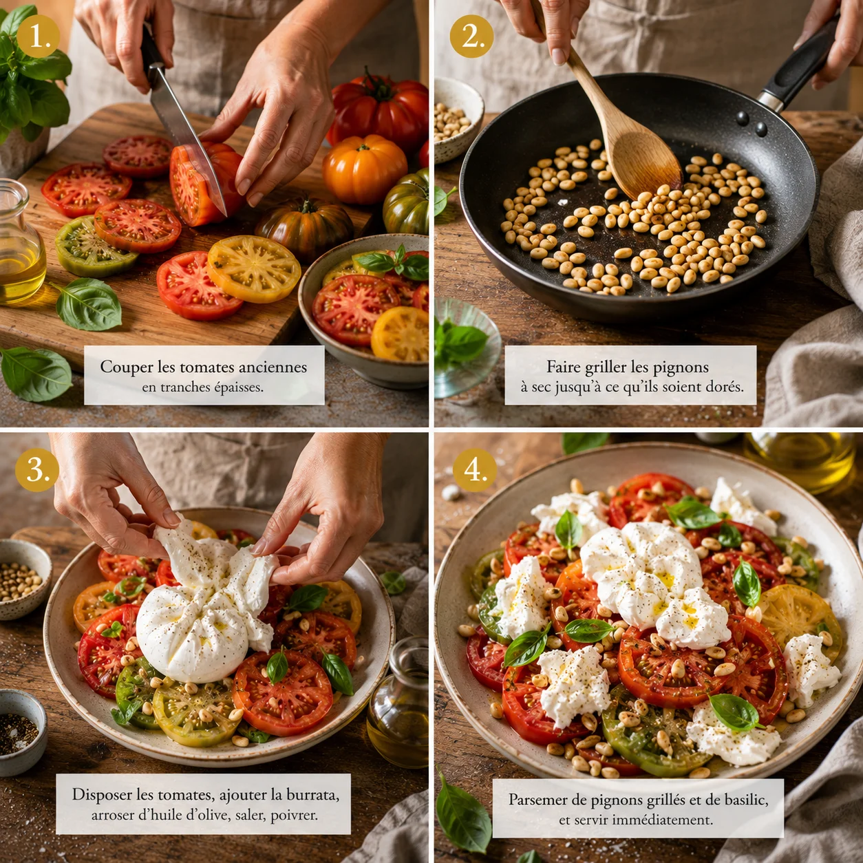 Salade Tomates Anciennes Burrata & Pignons Grillés étapes de préparation