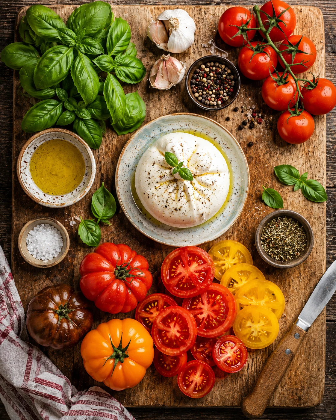 Ingrédients de la salade tomates burrata basilic sur une table en bois