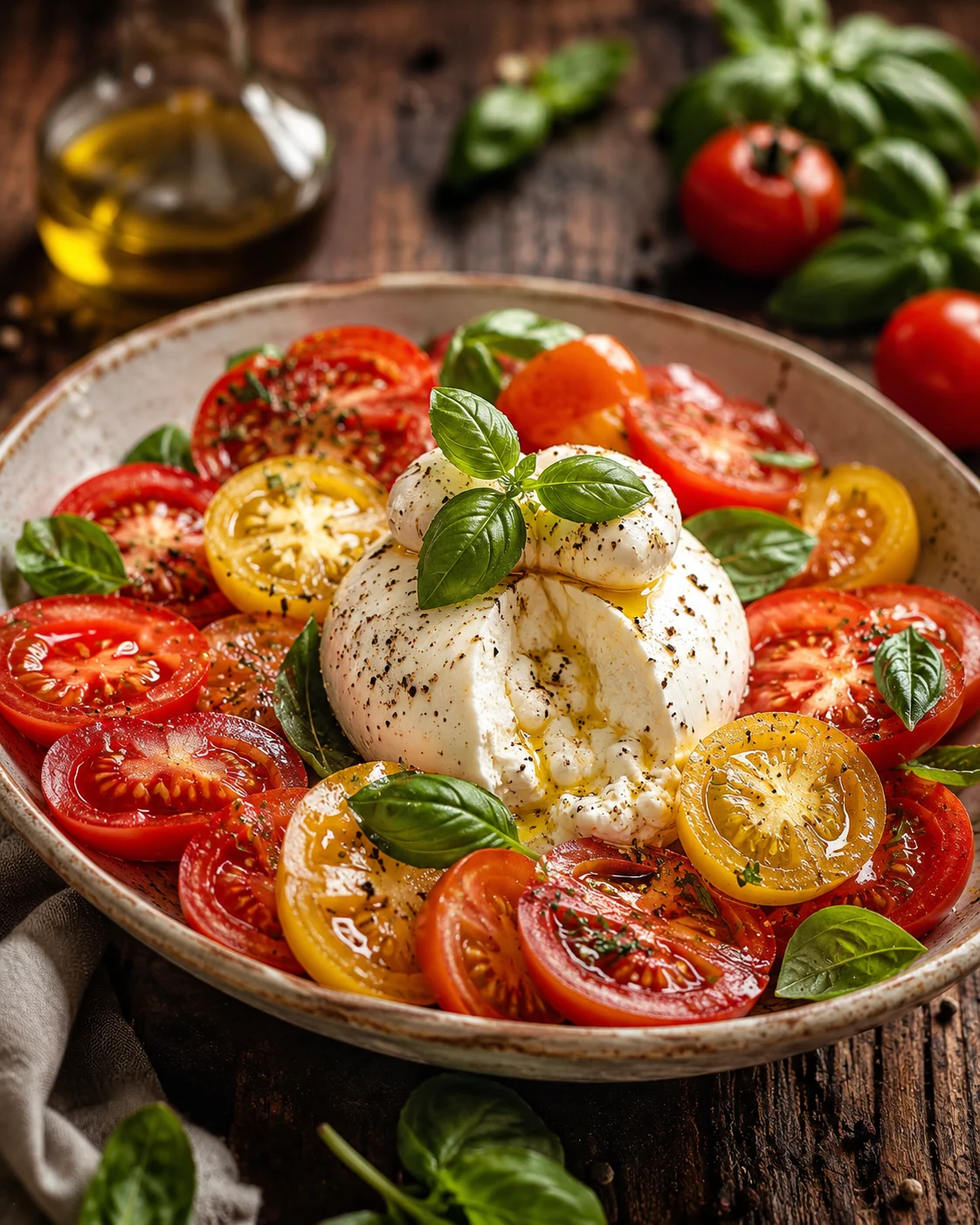 Salade tomates burrata basilic servie sur un plat en céramique blanche
