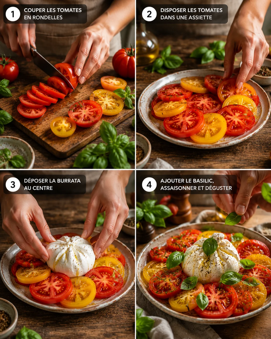 Étapes de préparation de la salade tomates burrata basilic