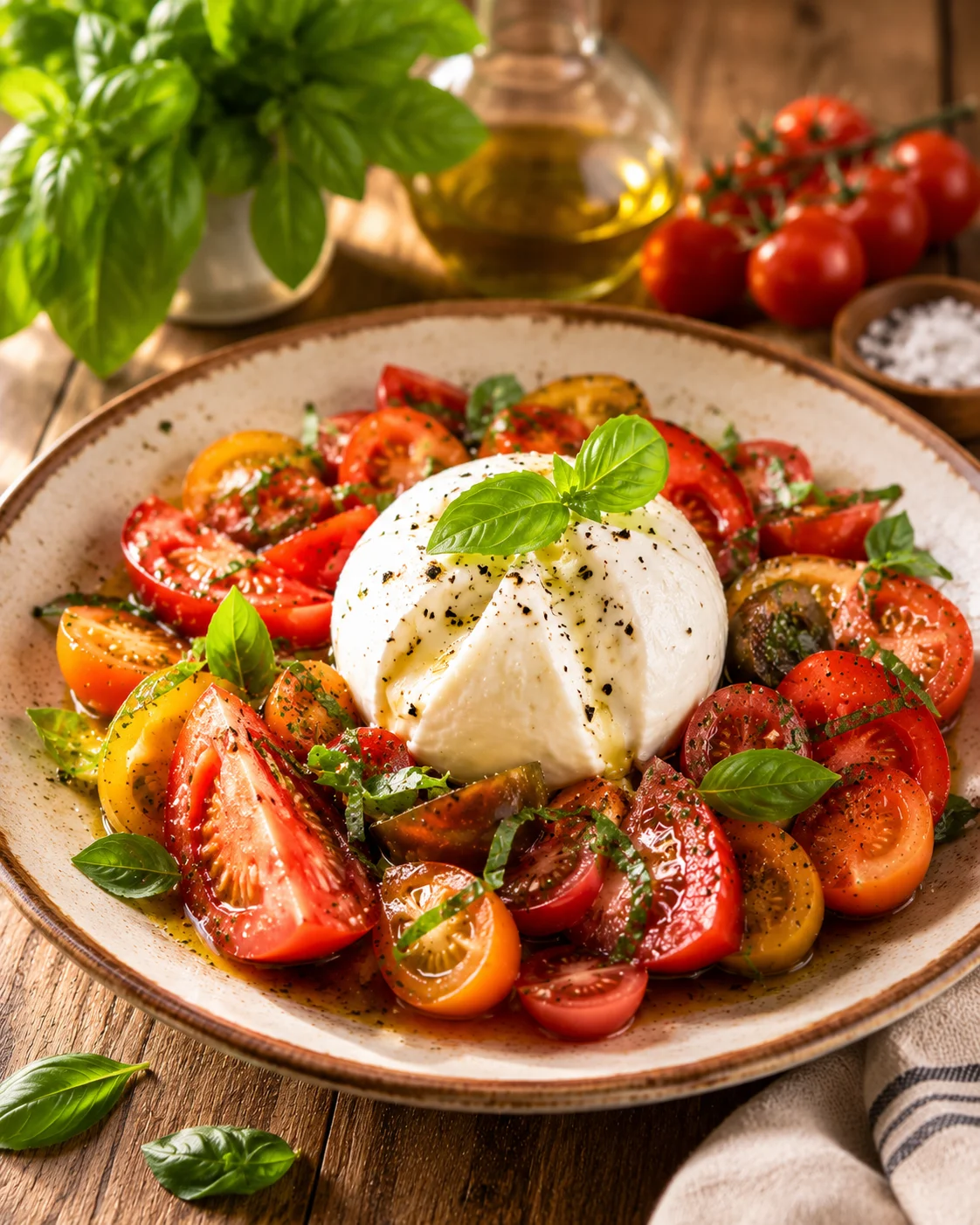 Salade tomates burrata maison dressée sur grand plat blanc avec basilic frais