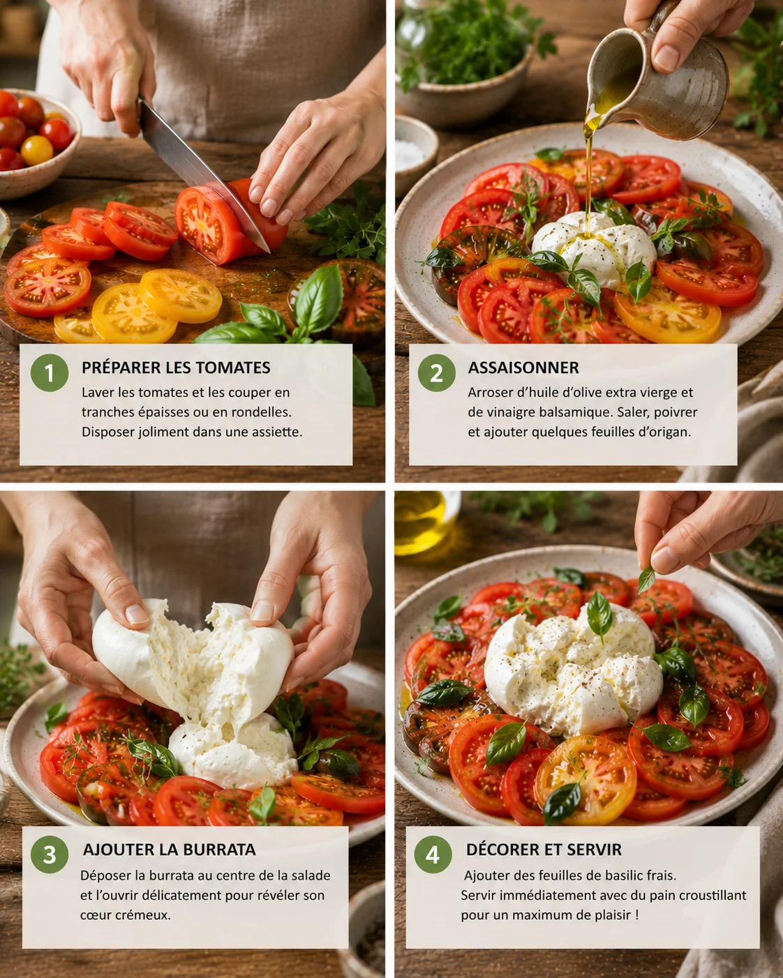 Salade tomates burrata maison étape par étape, dressage sur plat