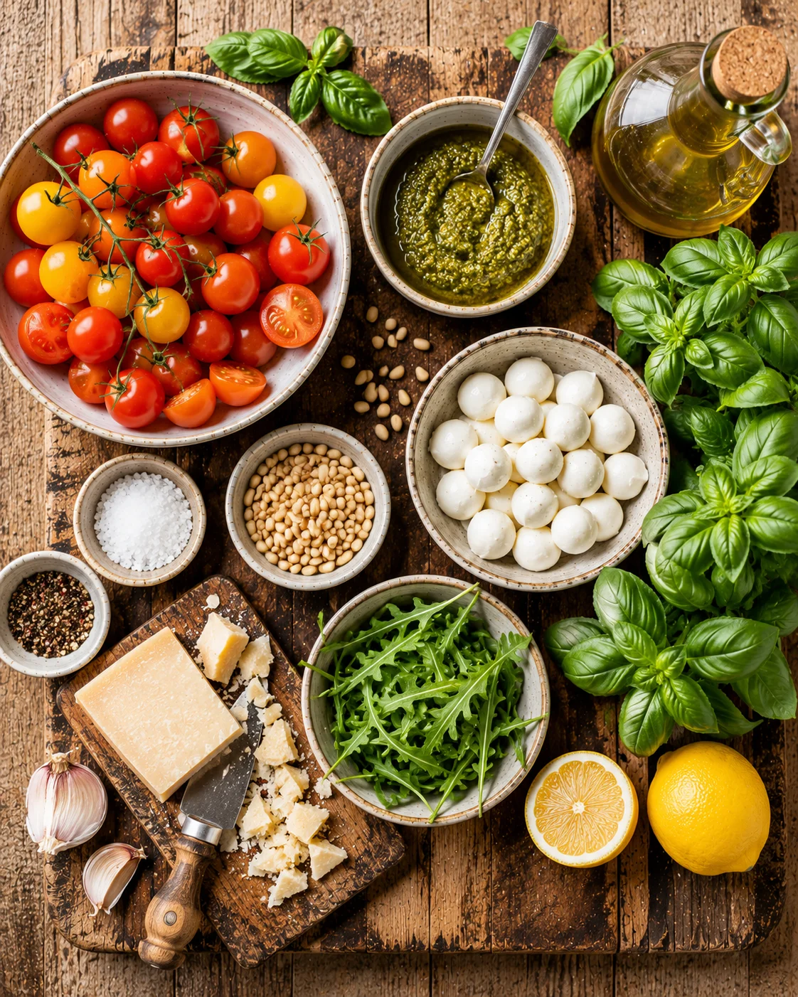 Salade Tomates Cerises Mozzarella & Pesto Crémeux ingrédients frais sur plan de travail