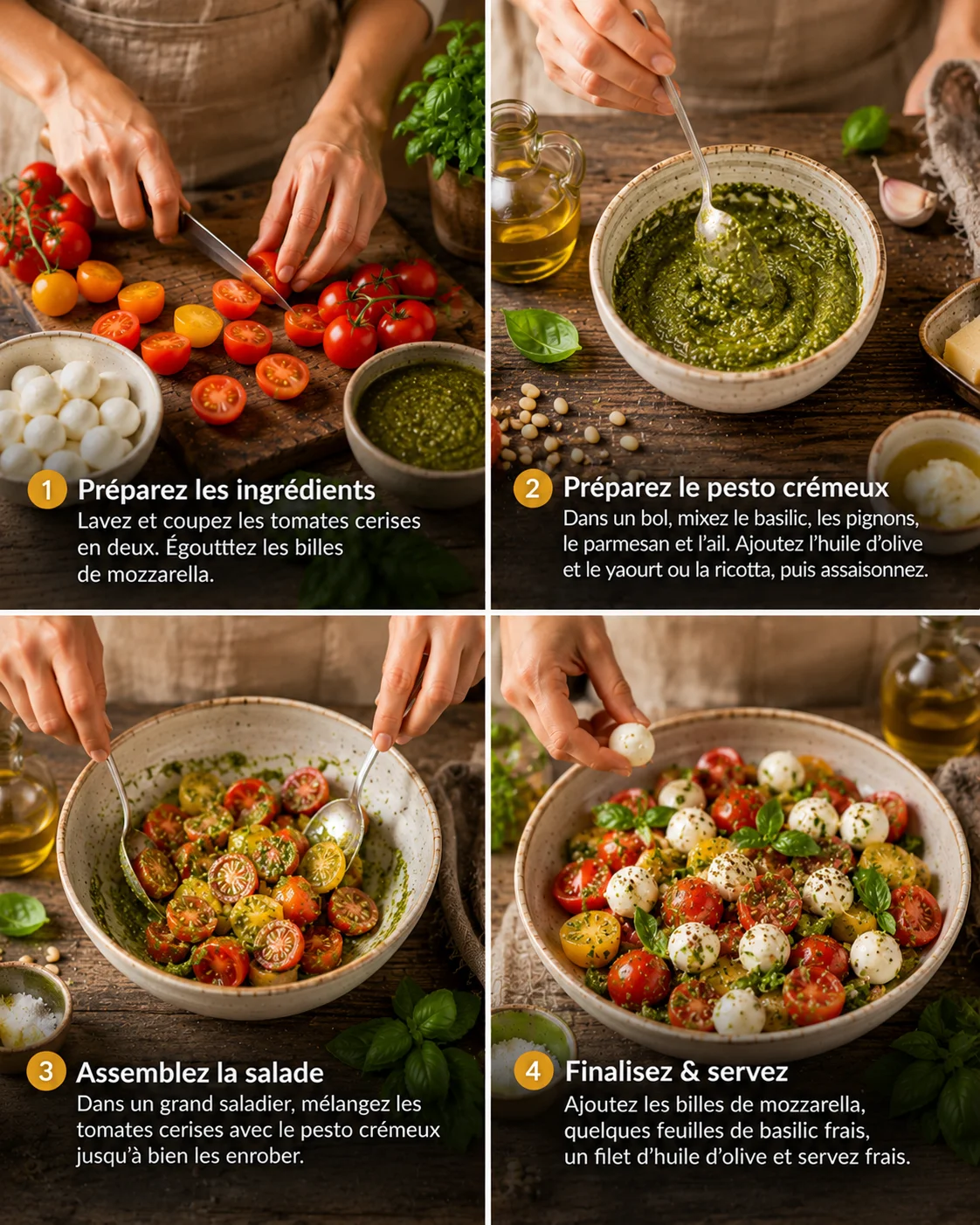 Salade Tomates Cerises Mozzarella & Pesto Crémeux version vegan étapes de préparation