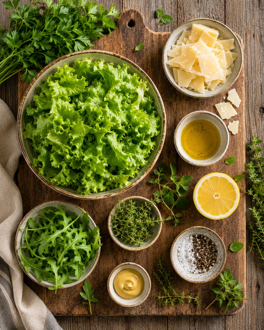 Salade Verte Parmesan Maison ingrédients frais sur une planche en bois