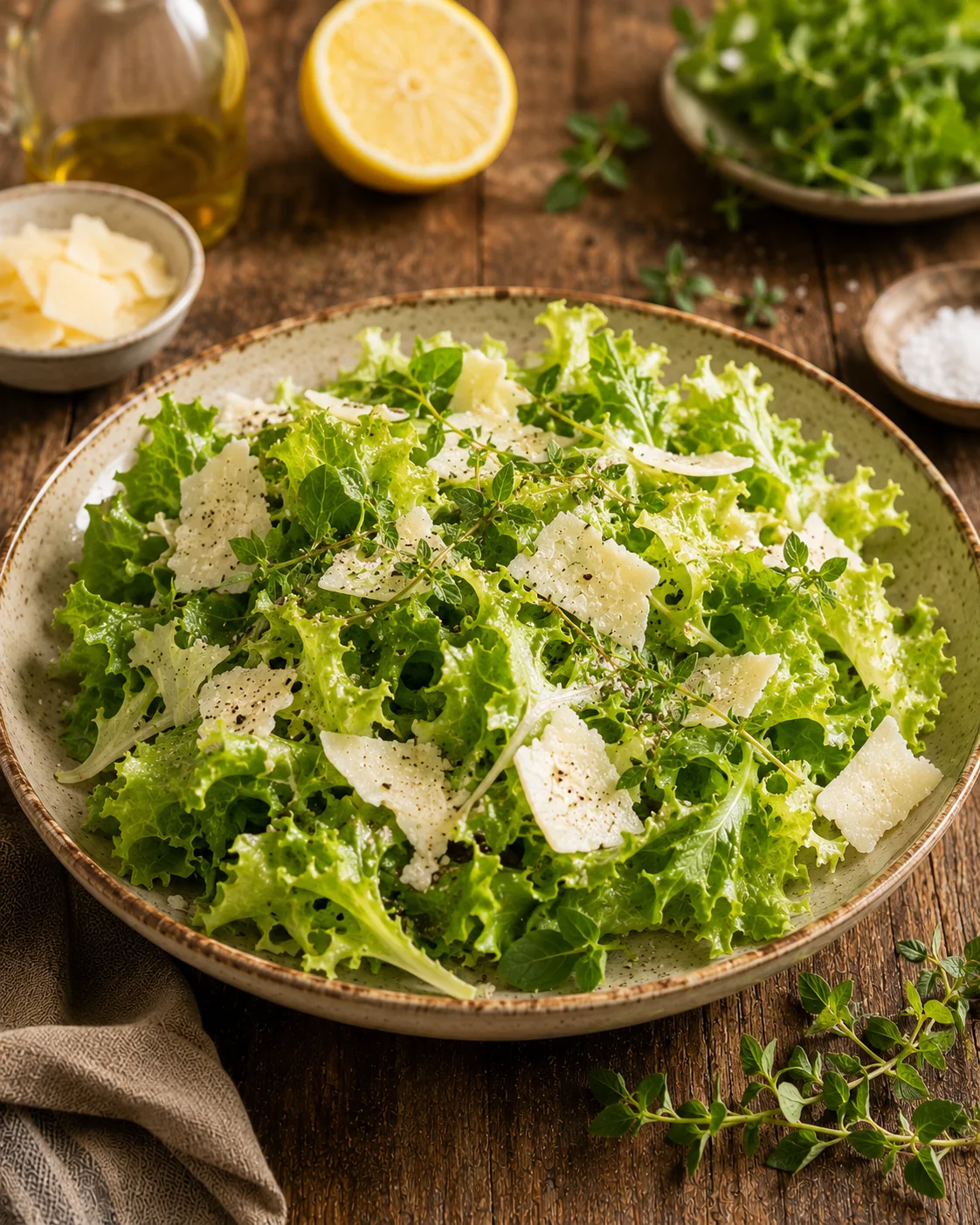Salade Verte Parmesan Maison servie dans un beau plat de présentation blanc