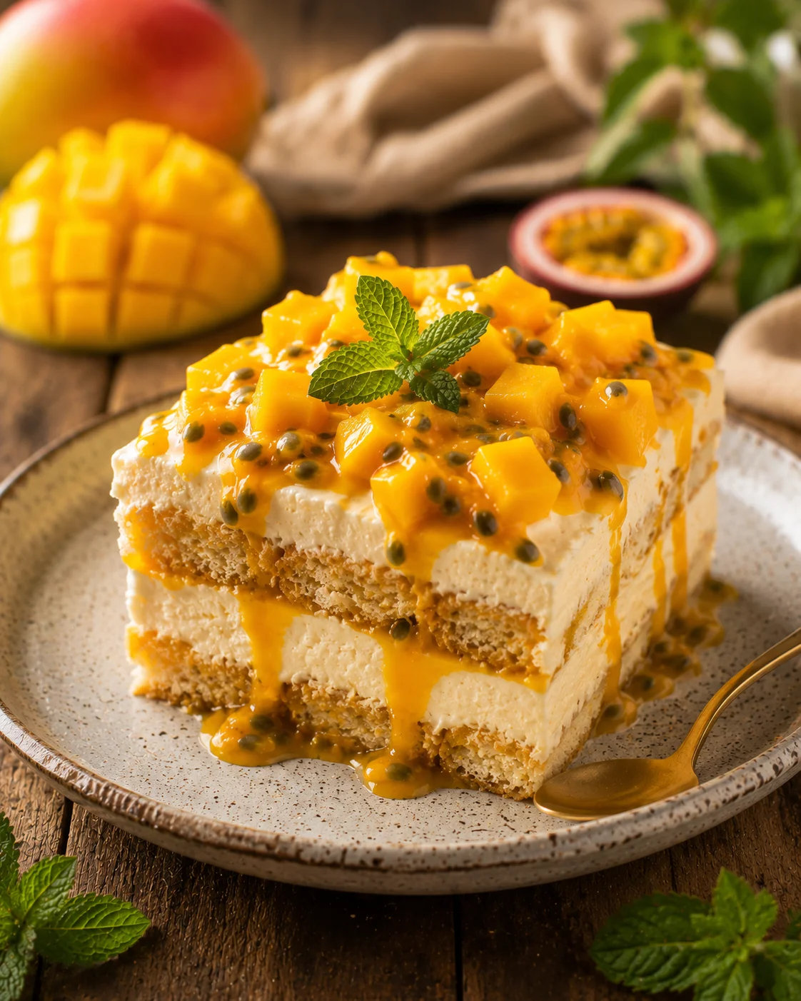 Tiramisu Mangue Passion servi en verrine avec décoration de mangue fraîche