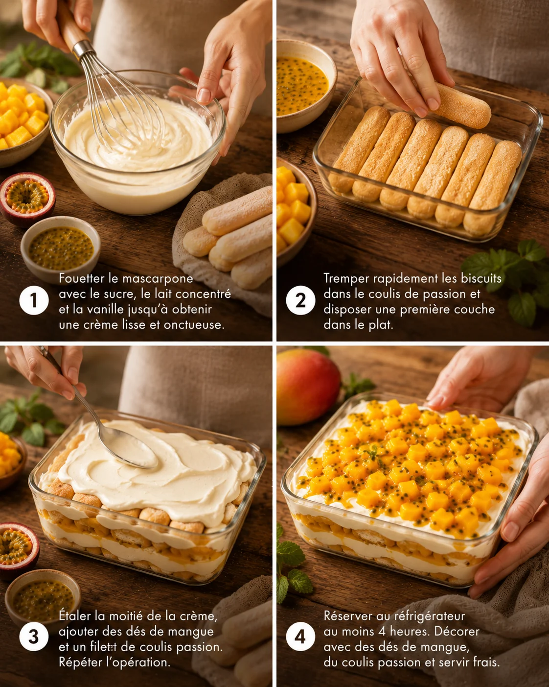 Tiramisu Mangue Passion étapes de montage en verrines