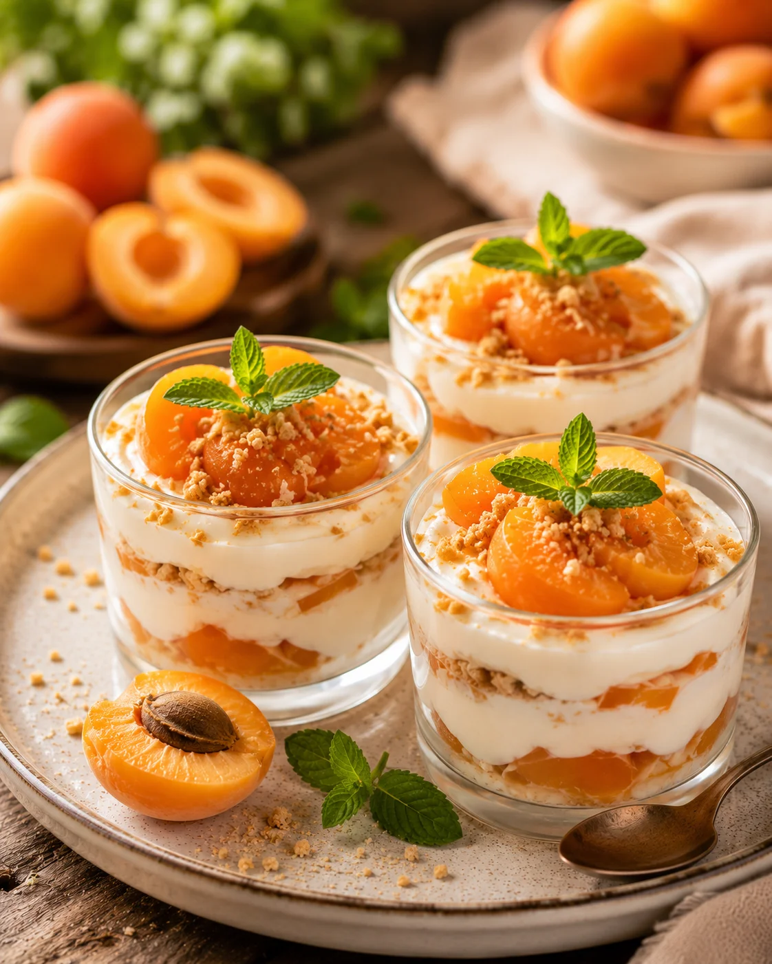 Verrines Abricot Mascarpone servies avec des abricots rôtis et une feuille de menthe