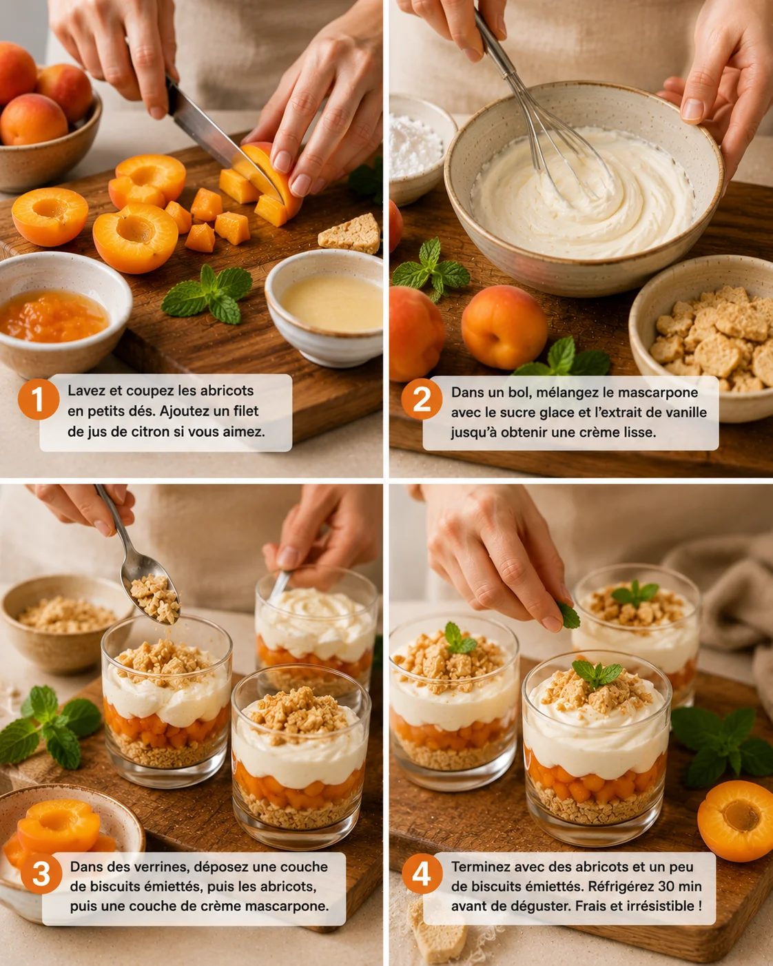 Verrines Abricot Mascarpone montage étape par étape dans des verrines transparentes