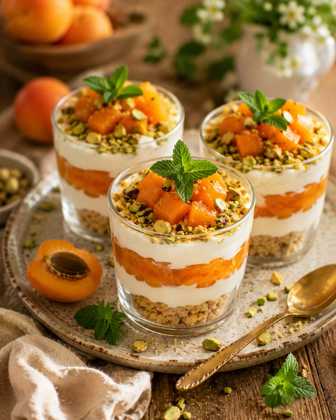 Verrines Abricot Pistache servies avec éclats de pistaches et feuille de menthe sur une table de fête