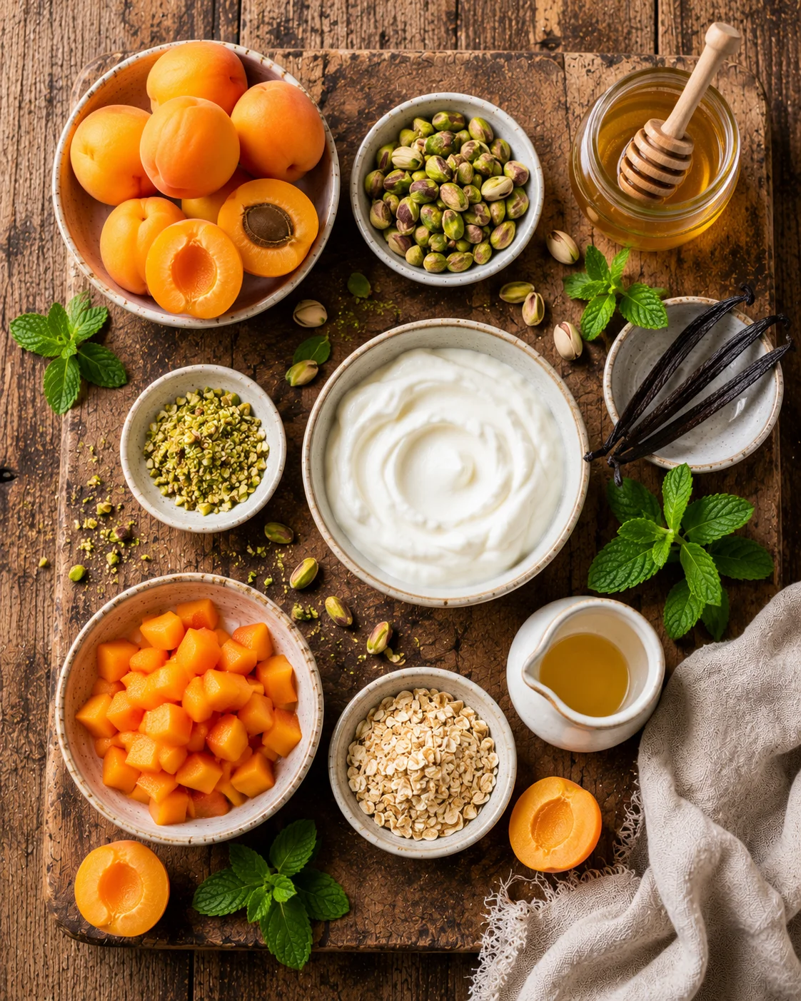 Ingrédients pour Verrines Abricot Skyr & Pistaches sur une table en bois
