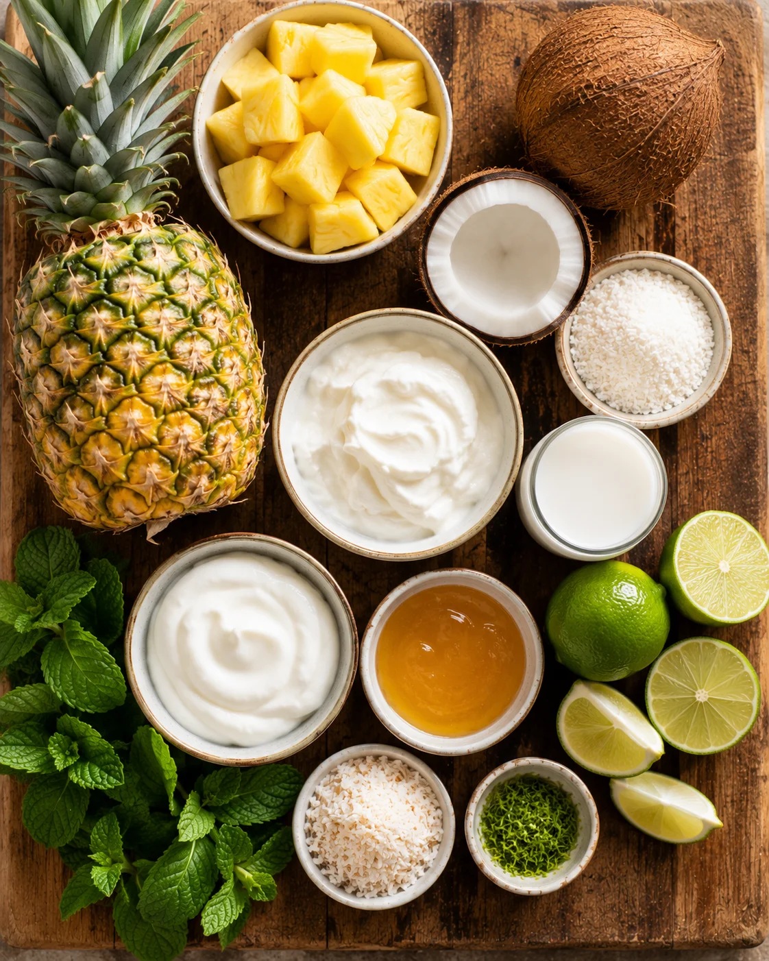 Verrines Ananas Coco Citron Vert ingrédients frais sur plan de travail