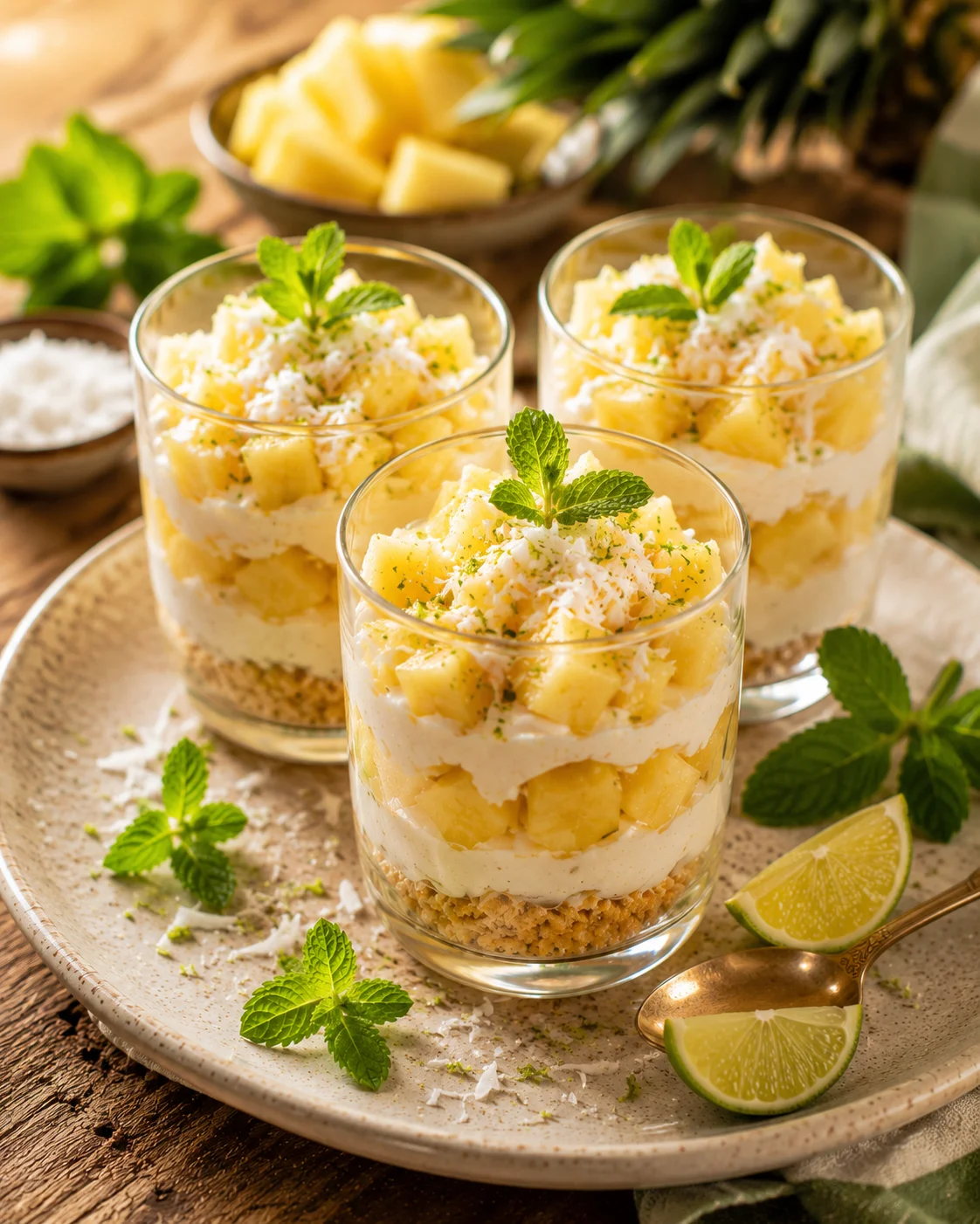 Verrines Ananas Coco Citron Vert servies sur plateau estival
