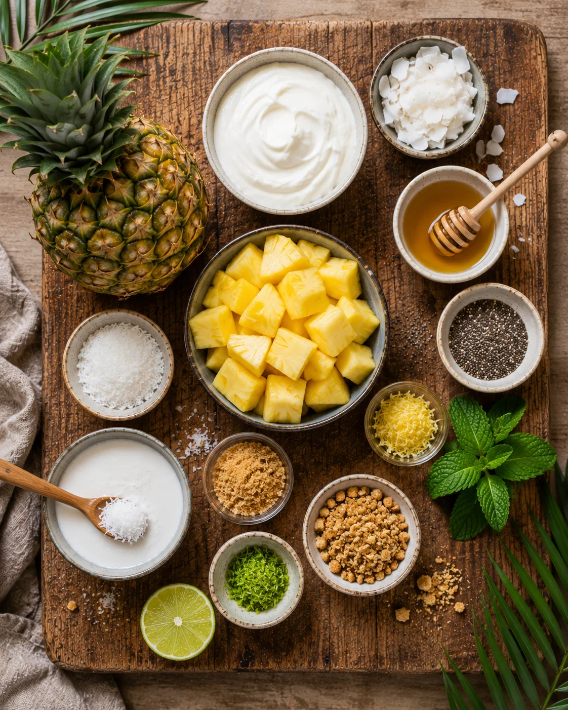 Ingrédients pour les verrines ananas coco yaourt grec disposés sur un plan de travail en bois