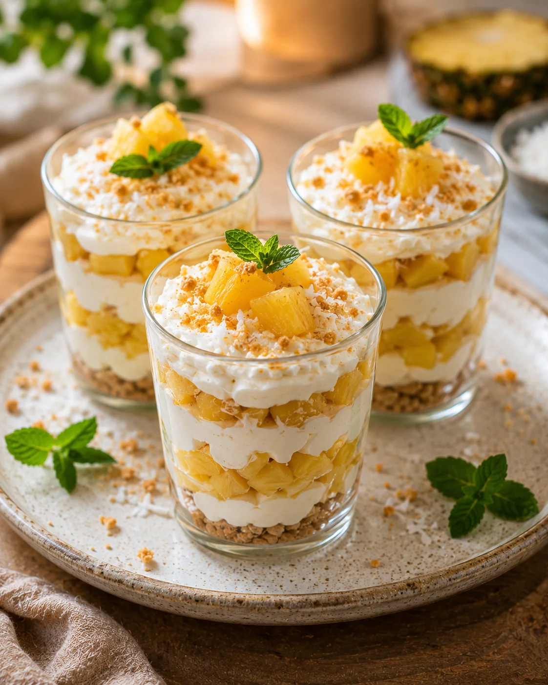 Verrines ananas coco yaourt grec servies sur un plateau avec garnitures tropicales et présentation élégante